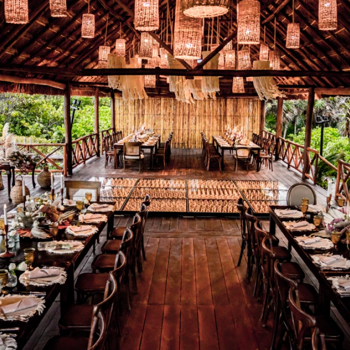 Dinner reception in Tulum Beach Palapa Venue at Dreams Tulum Resort and Spa