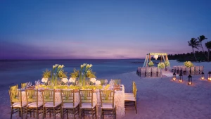 Dinner reception in Seaside beach venue at Dreams Tulum Resort and Spa