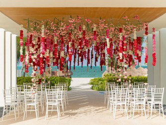 Finest Playa Mujeres gazebo wedding venue facing beach with flowers