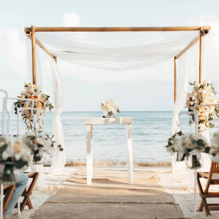 Ceremony decor in Grand Class Beach venue at Grand Velas