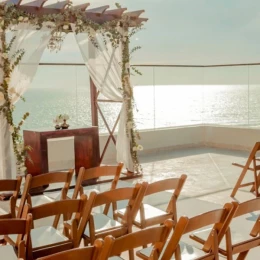 Ceremony decor on the tune and echo terrace at hard rock los cabos