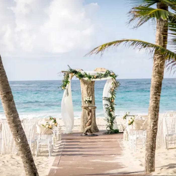 Ceremony decor on harmonica palafite wedding venue at Hard Rock Punta Cana