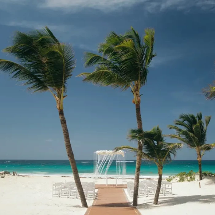 Ceremony decor on harmonica palafite wedding venue at Hard Rock Punta Cana