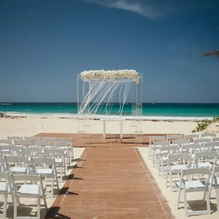 Ceremony decor on harmonica palafite wedding venue at Hard Rock Punta Cana