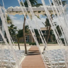 Ceremony decor on harmonica palafite wedding venue at Hard Rock Punta Cana