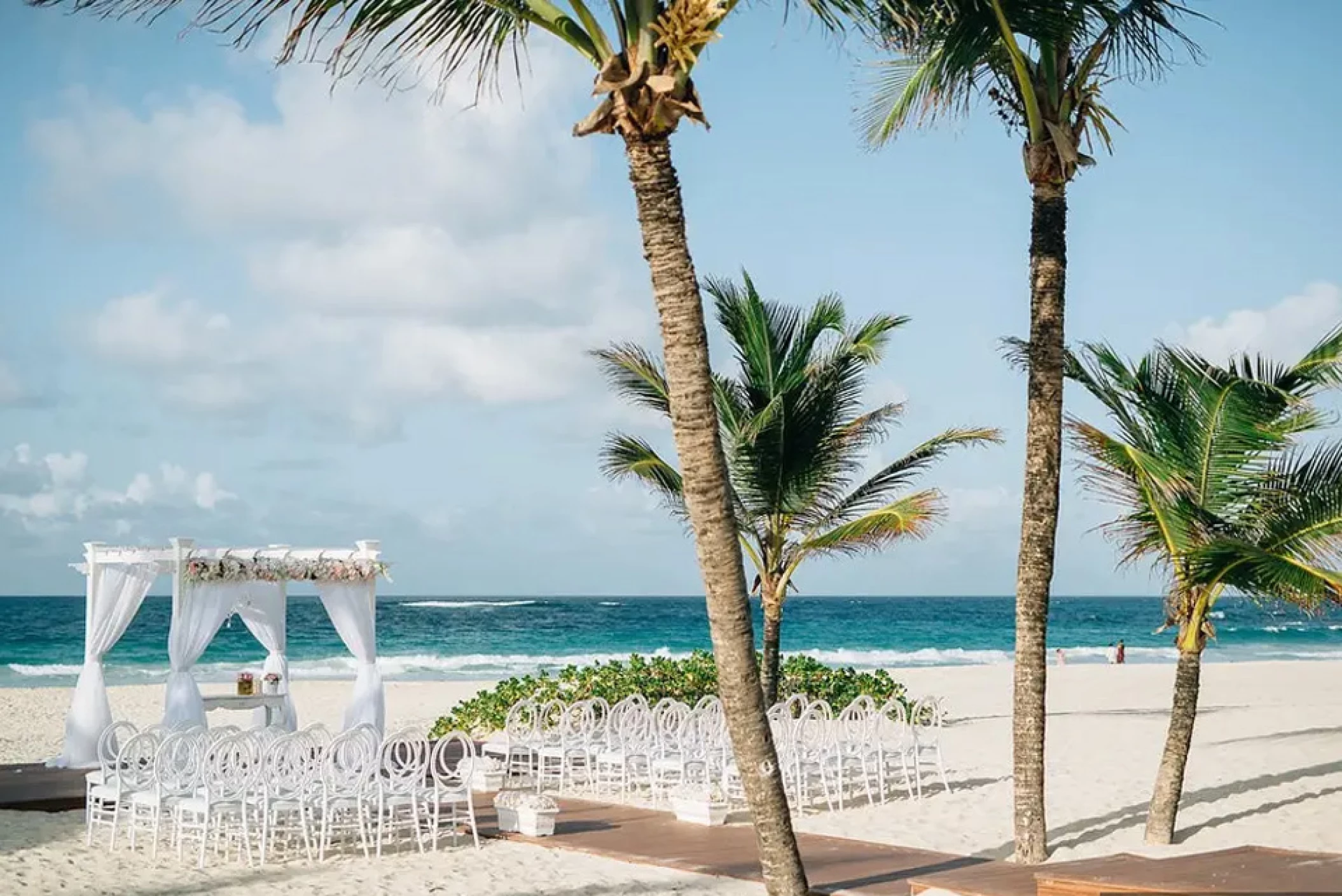 Ceremony decor on harmonica palafite wedding venue at Hard Rock Punta Cana