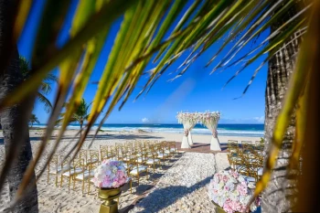 Ceremony decor on Ipanema beach wedding venue at Hard Rock Punta Cana