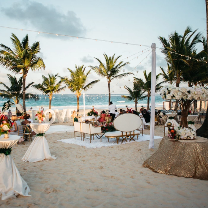 Ceremony decor on Isle beach wedding venue at Hard Rock Punta Cana