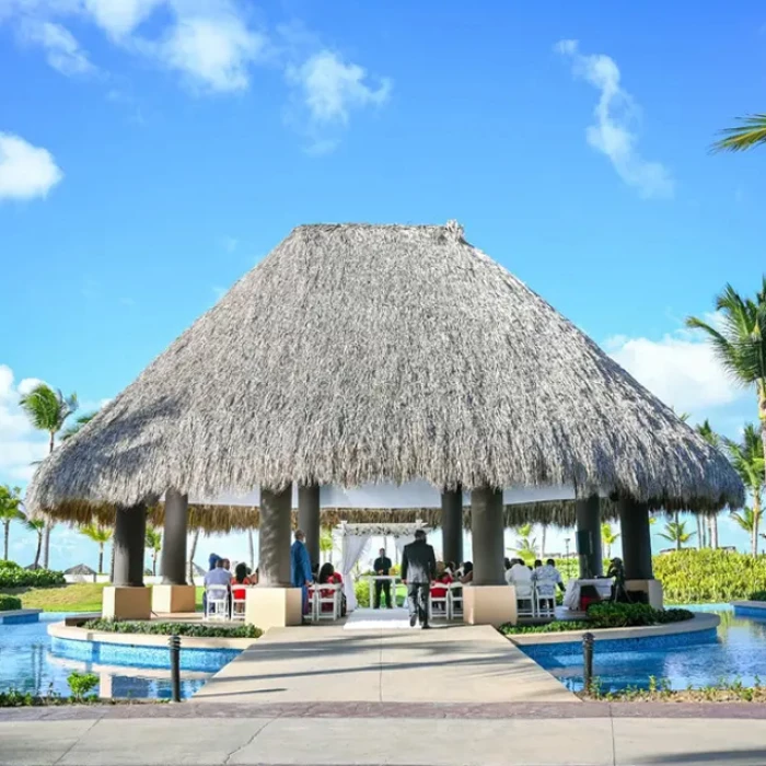 Wedding decor on the trumpet gazebo at Hard Rock Punta Cana