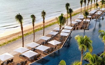 Aerial view of pools and beach at Hilton Cancun.