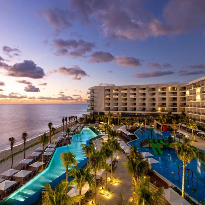 Aerial view of pools and beach at Hilton Cancun.