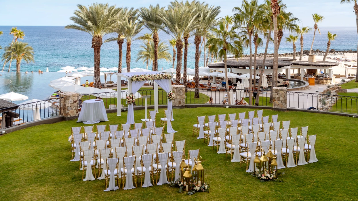 Ceremony decor on the black and blue marlin terrace at Hilton Los Cabos Beach and Golf