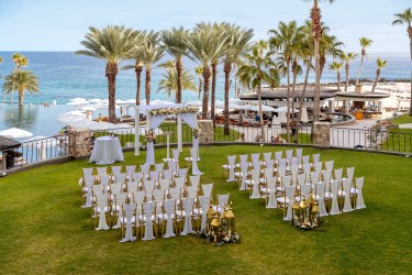 Ceremony decor on the black and blue marlin terrace at Hilton Los Cabos Beach and Golf