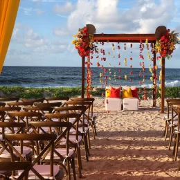 Beach wedding venue setup at Hilton Tulum.