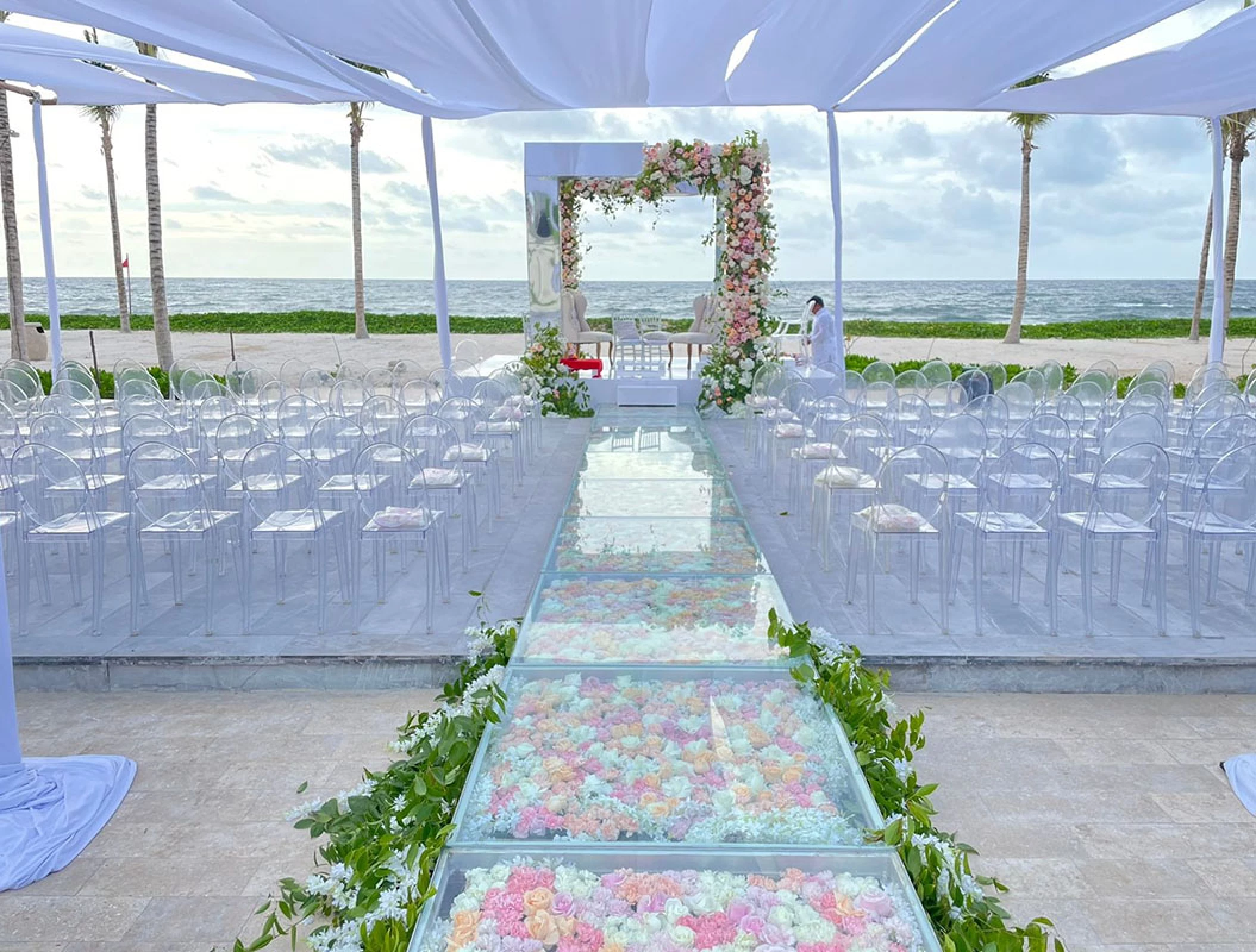 Hilton Tulum's beach venue wedding ceremony setup.