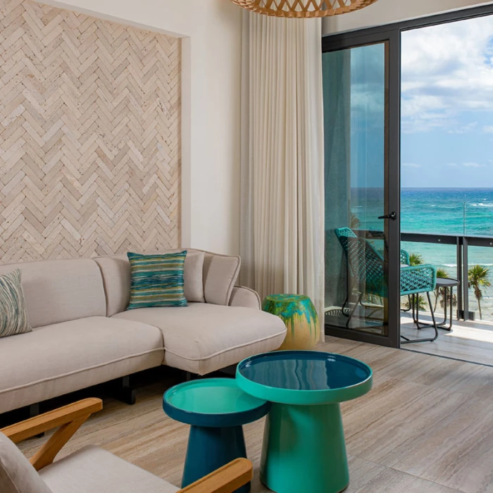 Ocean view suite living-room at Hilton Tulum.