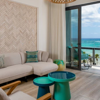 Ocean view suite living-room at Hilton Tulum.