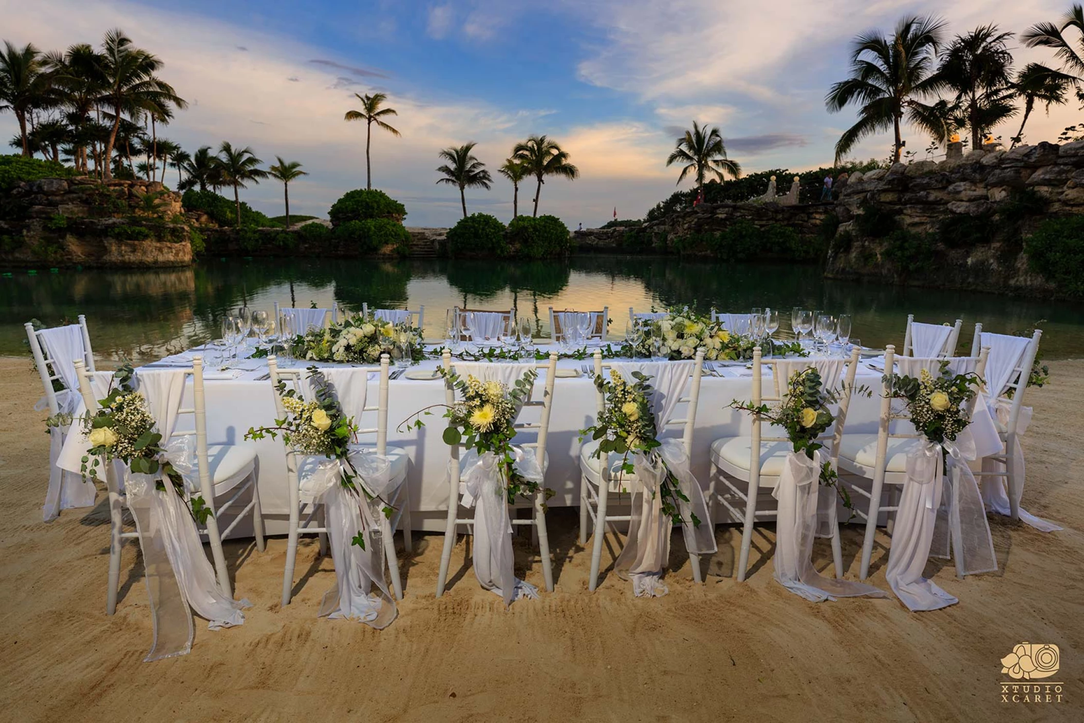 beach wedding venue area with lagoon at Hotel Xcaret Mexico