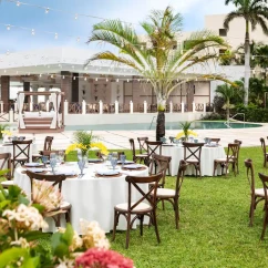 Dinner reception in central garden wedding venue at Hyatt Ziva Riviera Cancun