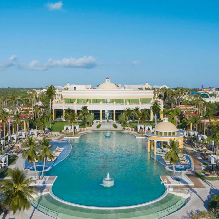 Iberostar Grand Paraiso resort and pool arial view