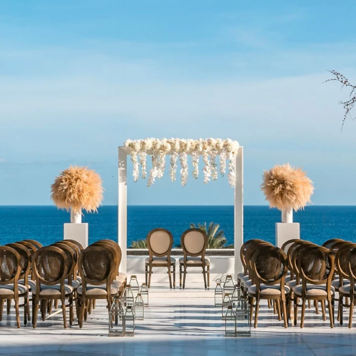 Ceremony decor on Blanc Terrace Wedding venue at Le Blanc Spa Resort Los Cabos