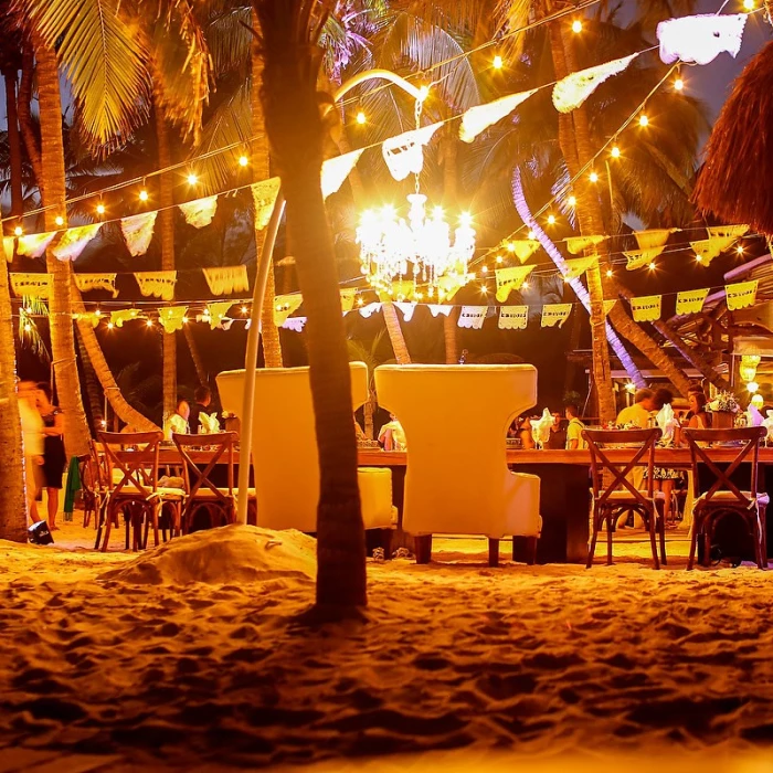 Dinner reception on the beach at Mahekal Beach Resort