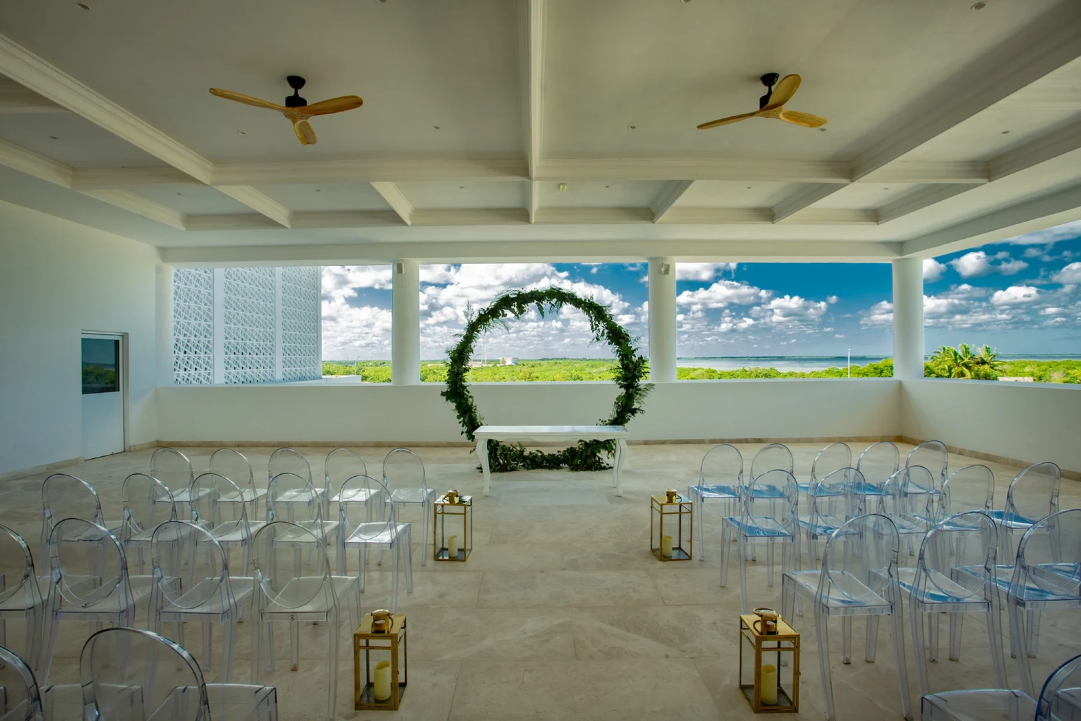 Ceremony decor in Ballroom terrace at Majestic Elegance Costa Mujeres