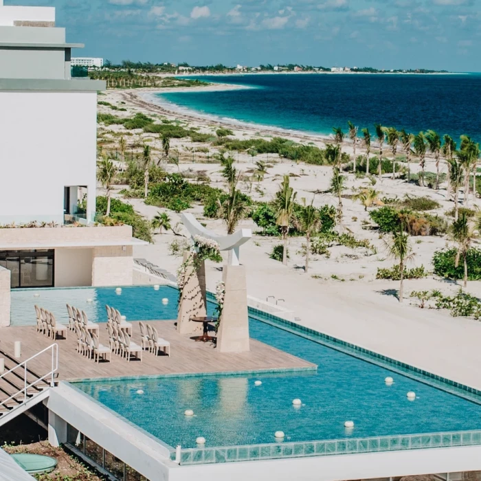 Aerial view of the Sky wedding gazebo at Majestic Elegance Costa Mujeres