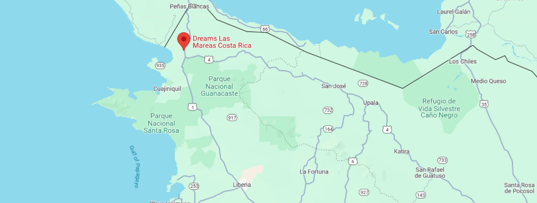 map showing location of dreams las mareas in costa rica