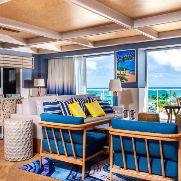 Ocean view suite living room at Margaritaville Island Reserve Cap Cana