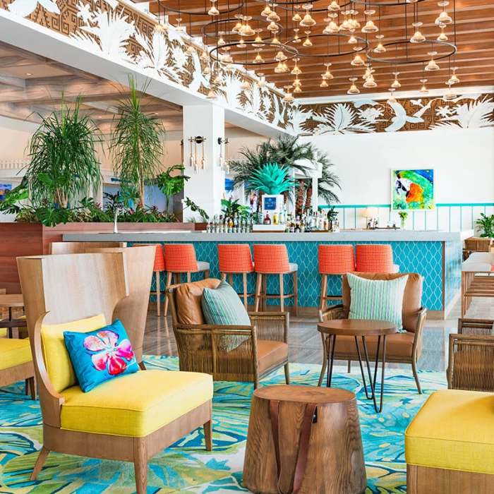 Lounge areas at Margaritaville Island Reserve Riviera Maya.