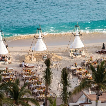 Dinner reception decor on the beach venue at Marquis Los Cabos