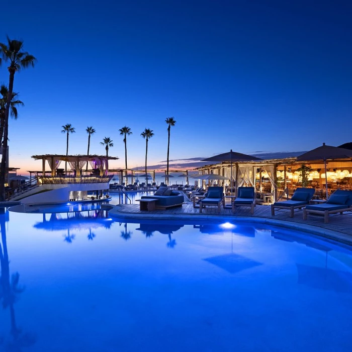 Main pool overnight at ME Cabo