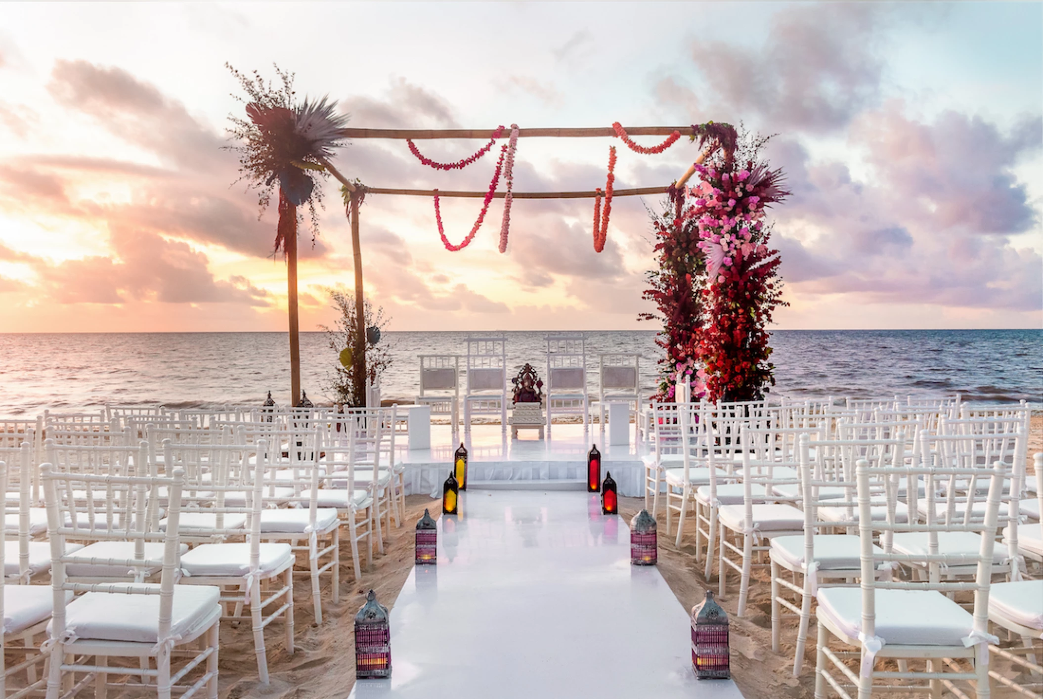 Ceremony decor in beach wedding venue at Moon Palace Resort