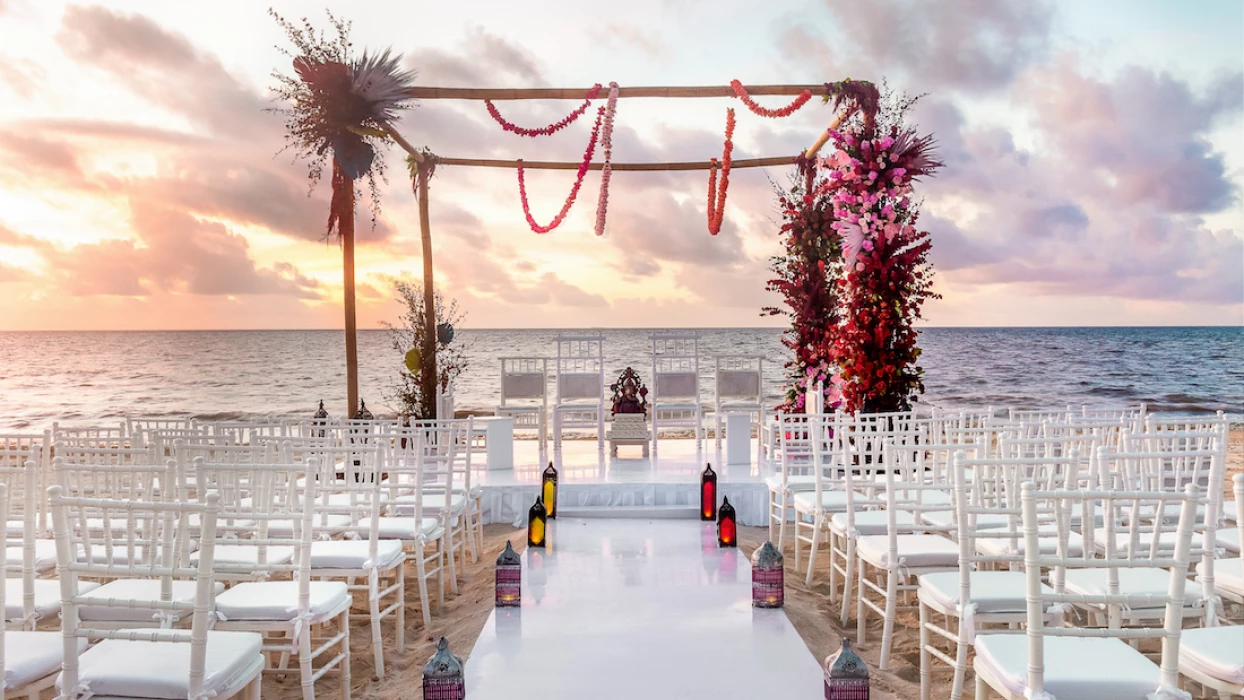 Ceremony decor in beach wedding venue at Moon Palace Resort