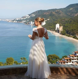 Bride enjoying Ocean vistas at Hotel Mousai Puerto Vallarta.