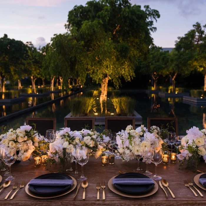 Dinner reception decor on Akan terrace wedding venue at Nizuc Resort and Spa