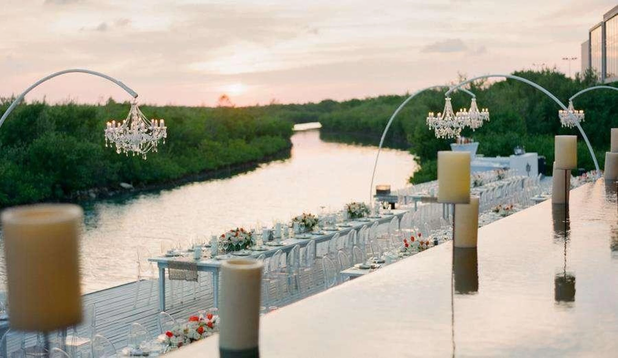 Dinner reception decor on Terra Nostra Terrace and Lower deck at Nizuc Resort and Spa