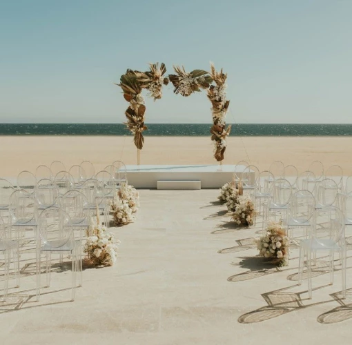 Ceremony decor on the beach venue at Nobu Hotel Los Cabos