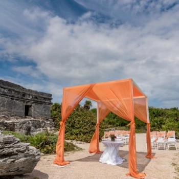 Ceremony decor on the maya ruins at Occidental at Xcaret Destination