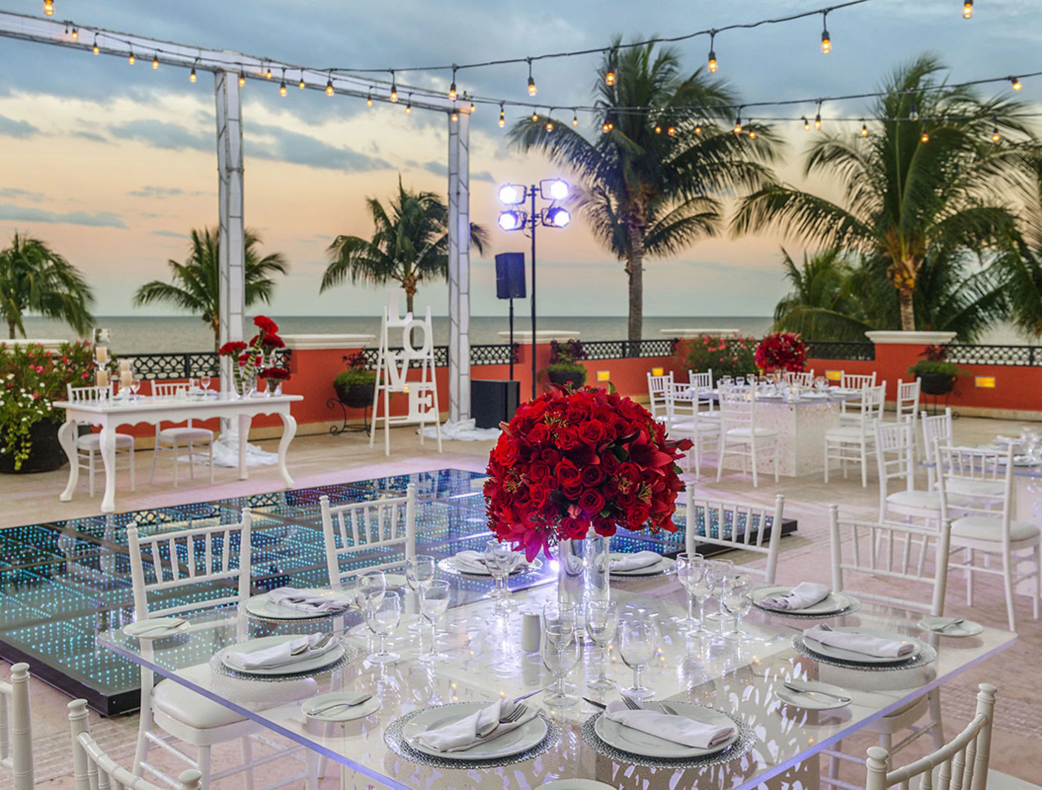Wedding reception setup at Terrace Venue in Ocean Coral & Turquesa resort.