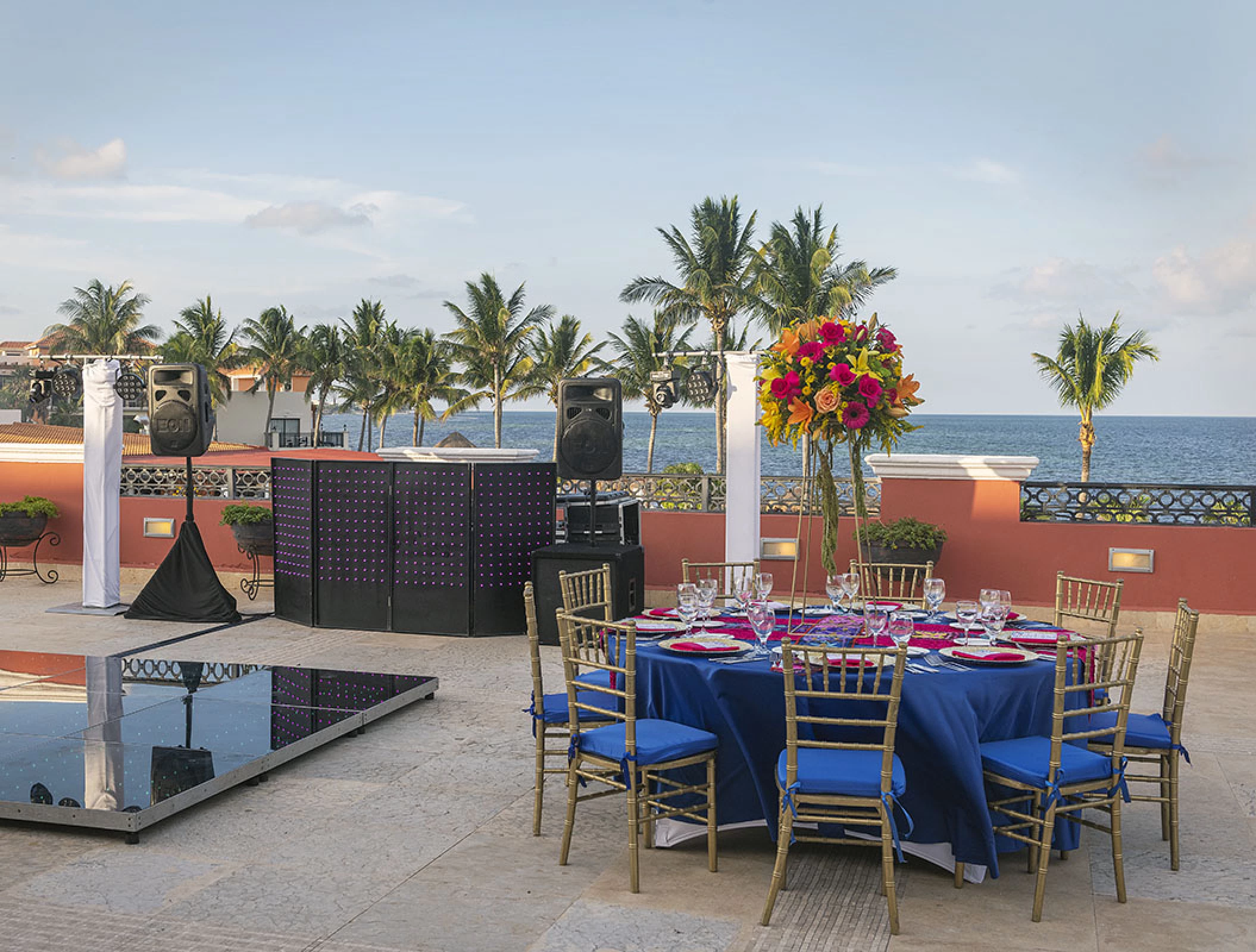 Wedding reception setup at Terrace Venue in Ocean Coral & Turquesa resort.