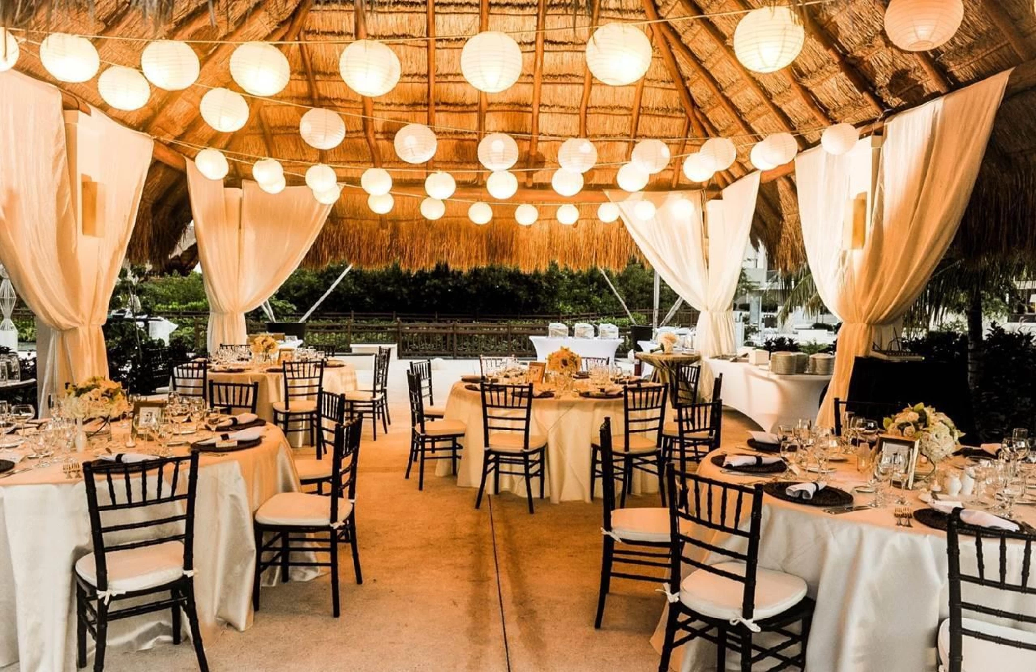 Dinner reception decor on Palapa 1 and 2 wedding venue at Paradisus Playa del carmen and Paradisus La Perla