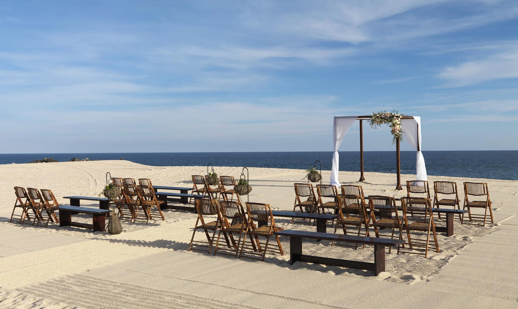 ceremony decor on the beach venue at paradisus los cabos