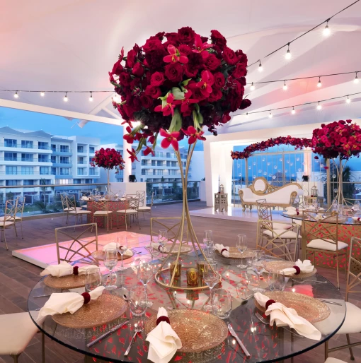 Wedding reception decor on Rooftop at Planet Hollywood Cancun Resort and Spa