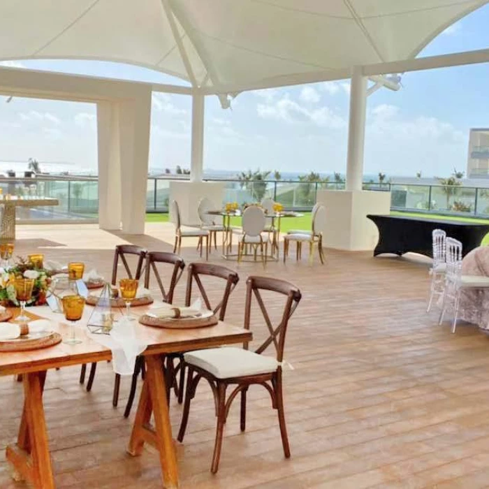 Wedding reception decor on Rooftop at Planet hollywood Cancun Resort and Spa