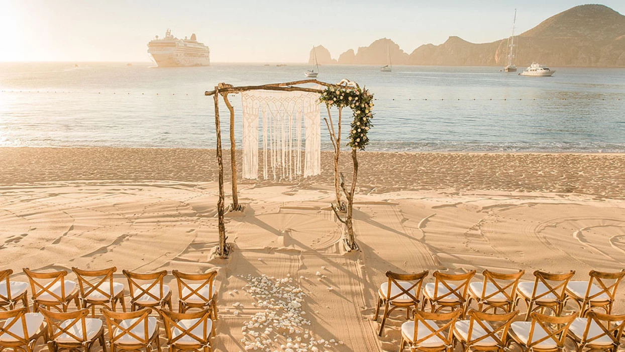 Pueblo Bonito Rose beach wedding setup.