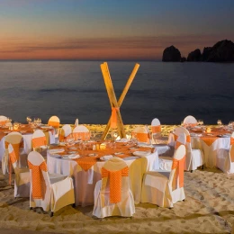 Pueblo Bonito Rose beach reception setup.