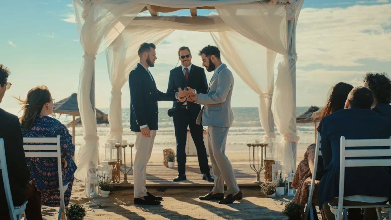 2 grooms, the officiant and guests at bahia principe grand coba