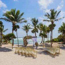 huppa beach venue wedding setup at Bahia Principe Grand Coba